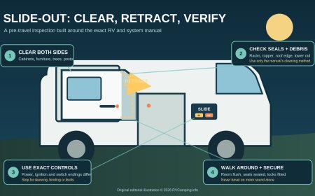 RV slide-out pre-travel check: inspect, retract, verify