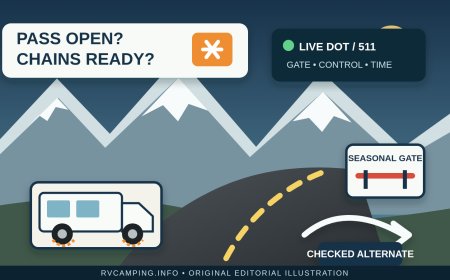 Plan an RV route around mountain-pass closures and chain rules
