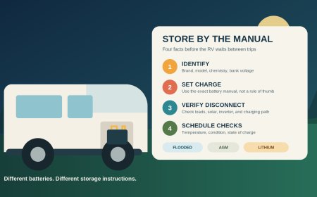 RV house-battery storage between trips: disconnect, charge, and check the manual