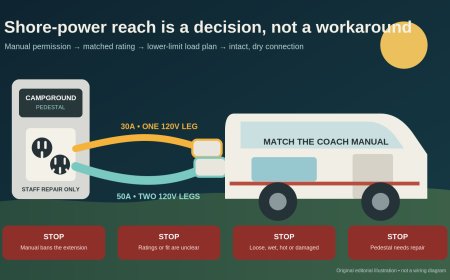 RV shore-power extension cords and adapters: where safe use stops