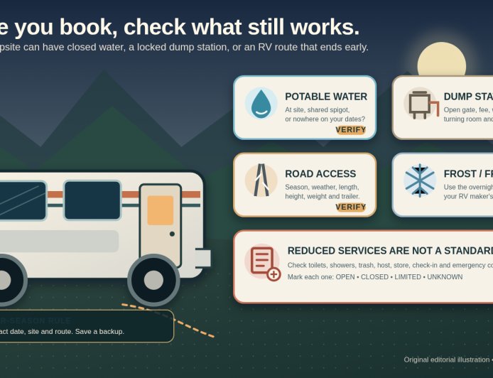 Shoulder-season RV camping: audit the services before you book
