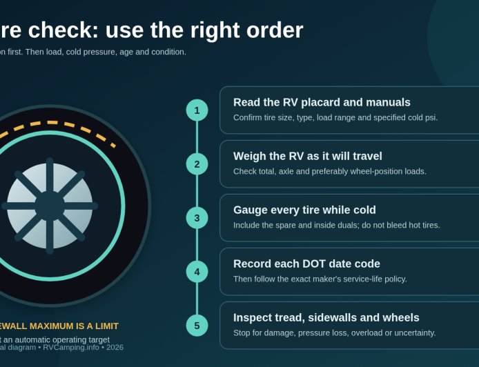 RV tire safety before a trip: age, load, pressure and inspection
