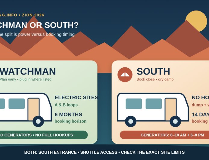 Watchman vs. South Campground at Zion: the RV choice in 2026