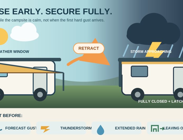 Retract the RV awning before wind or storms: a campsite safety rule