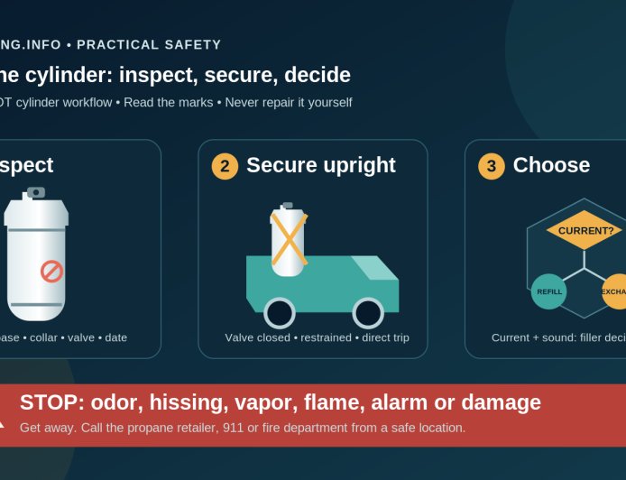 RV propane cylinders: inspect, transport, refill or stop