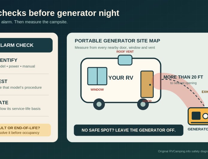 RV carbon monoxide alarm check: test, replace and place the generator safely