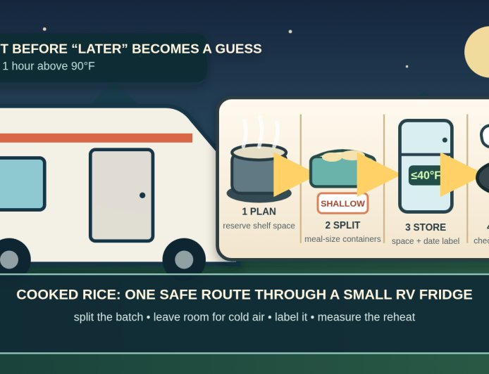 Cooked rice safety at an RV campsite: cool it, store it, reheat it