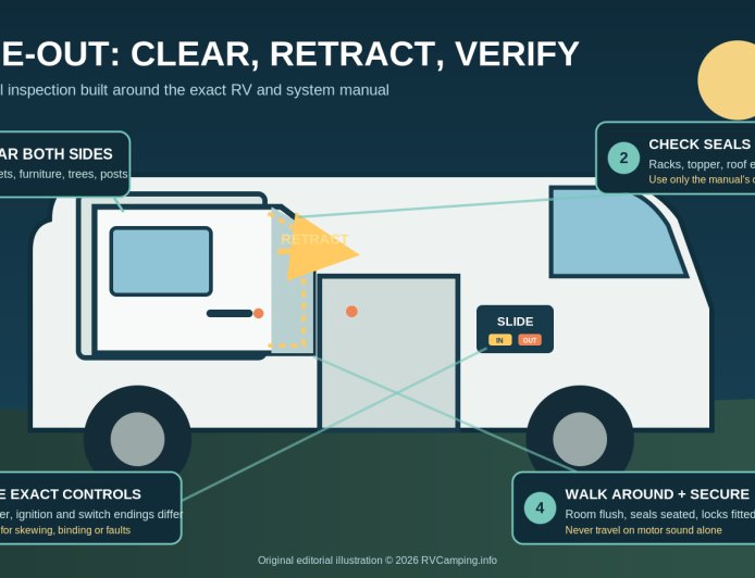 RV slide-out pre-travel check: inspect, retract, verify