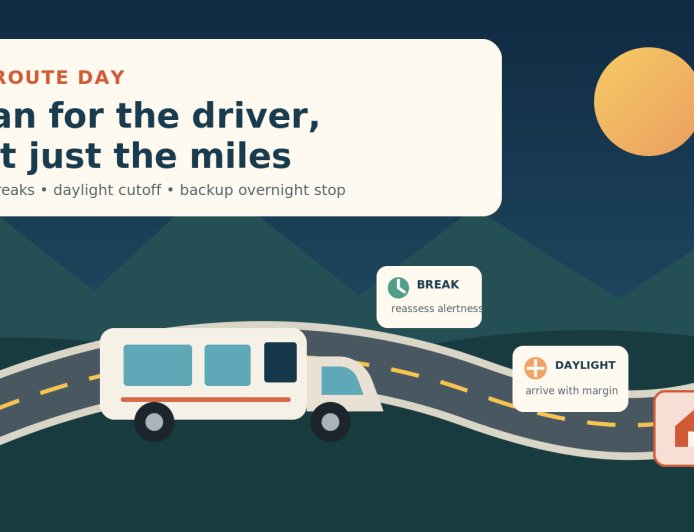 Plan an RV route day around fatigue, daylight and a backup stop
