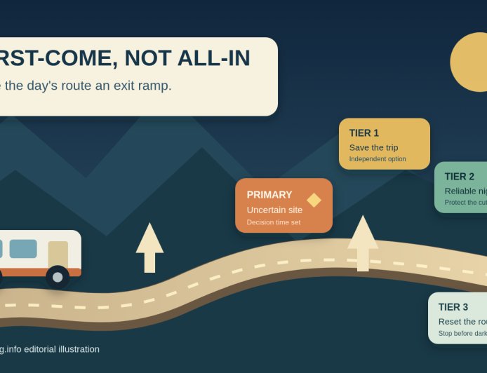 First-come RV camping without gambling the day's route