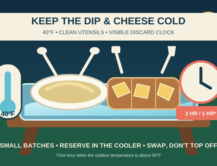 Campground dairy dip and cheese-board safety: keep it cold, track the clock