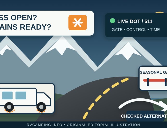 Plan an RV route around mountain-pass closures and chain rules