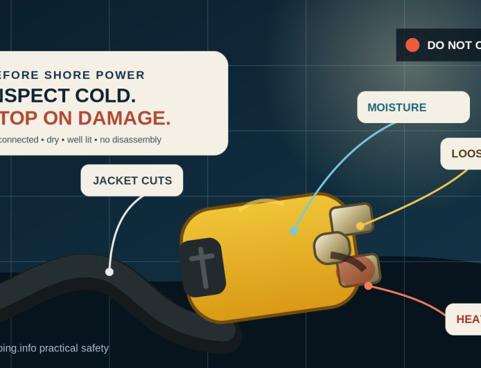 Before you plug in: inspect the RV shore-power cord for heat damage