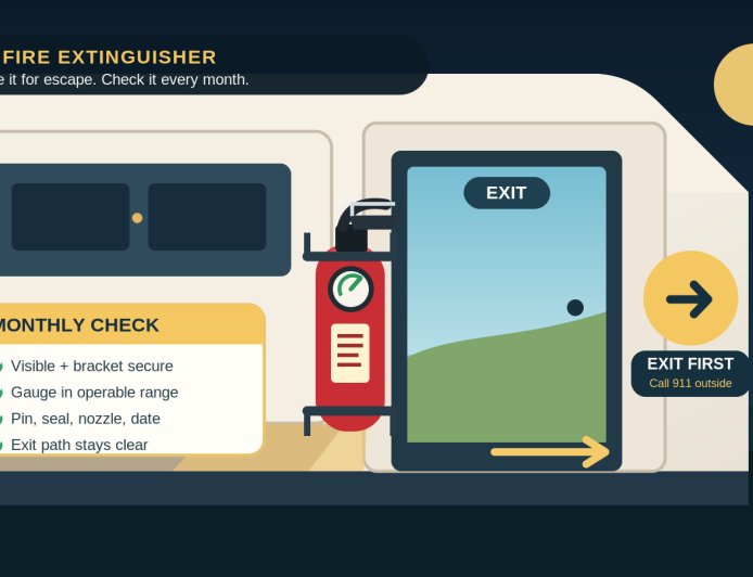 RV fire extinguisher check: place it by the escape path, not behind the fire