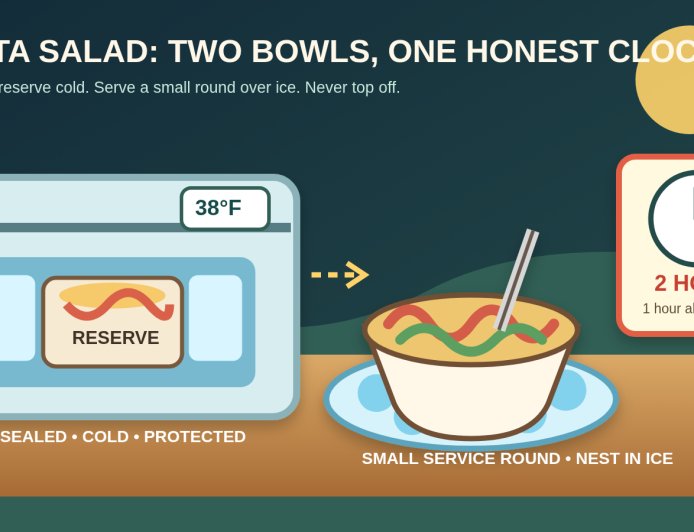 Pasta salad at camp: a two-bowl cooler plan that keeps the clock honest