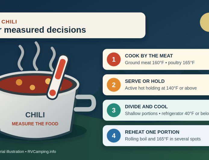 Camp chili without the temperature guesswork: cook, hold, cool and reheat