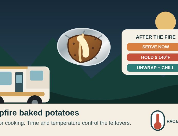 Campfire baked potatoes: the safe foil-to-leftovers plan