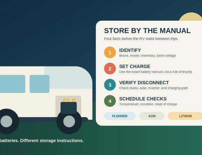 RV house-battery storage between trips: disconnect, charge, and check the manual