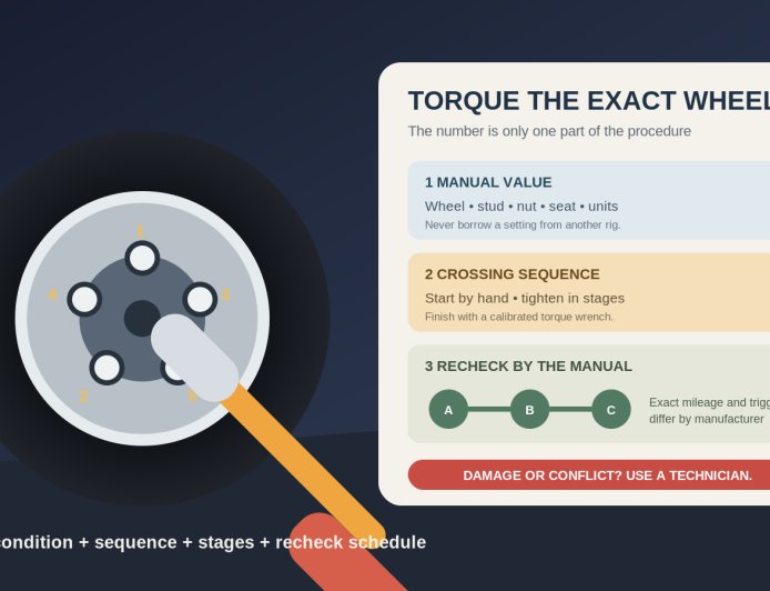 RV wheel-lug-nut torque checks: use the manual, sequence, and recheck limit