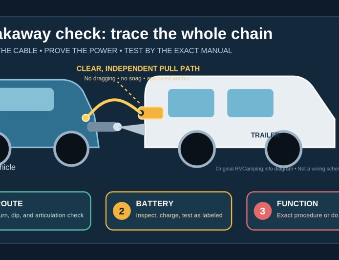 RV trailer breakaway switch check: cable routing, battery test, and replacement triggers