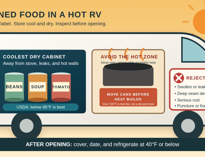 Canned food in a hot RV: when to move it, inspect it, or throw it out