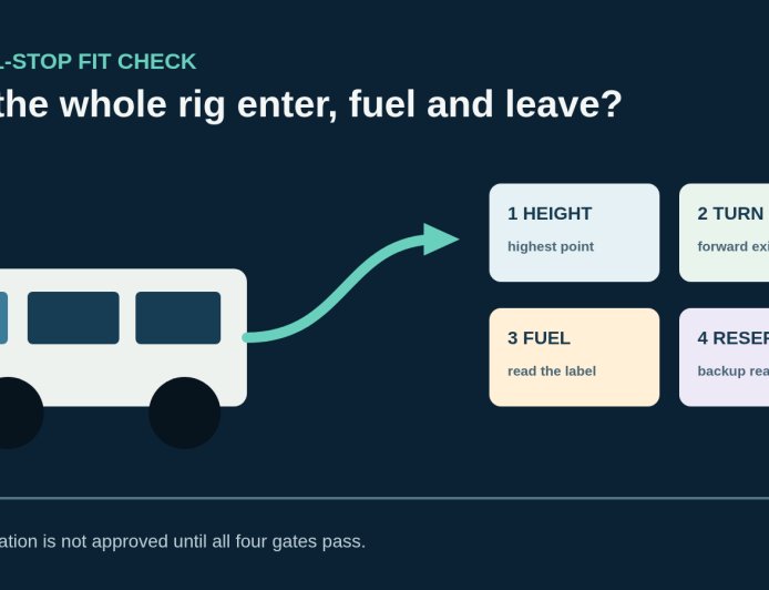 The RV fuel-stop fit check: height, turning room, fuel and reserve