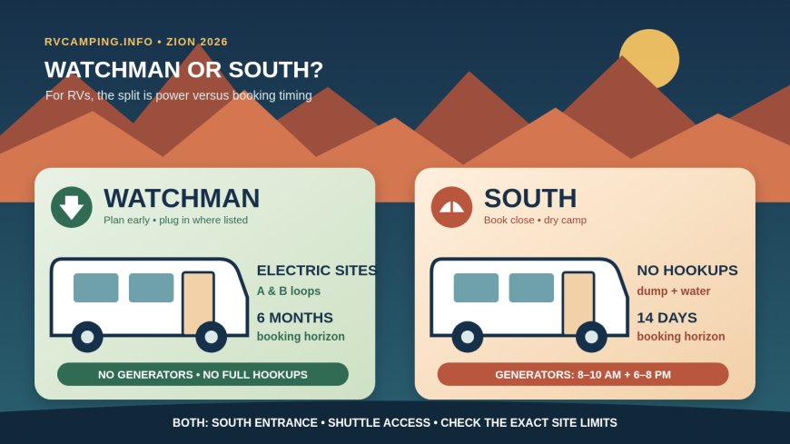 Watchman vs. South Campground at Zion: the RV choice in 2026