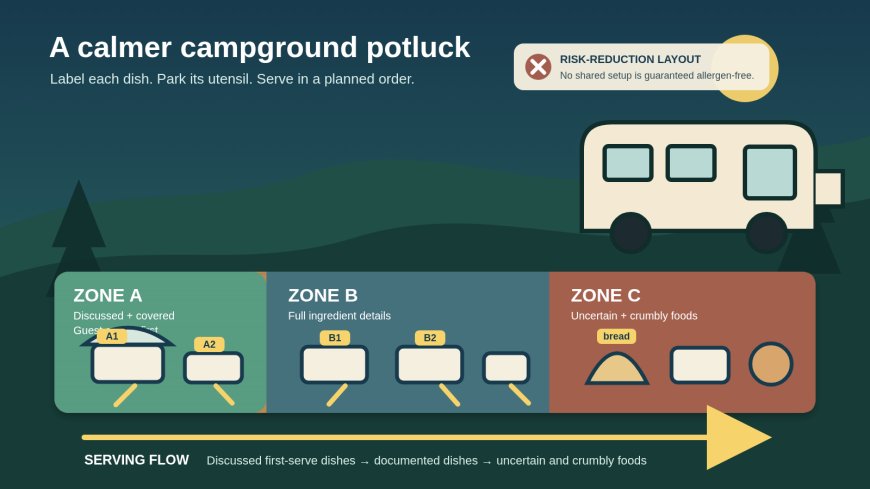 Campground potluck allergy plan: labels, utensils, and serving order
