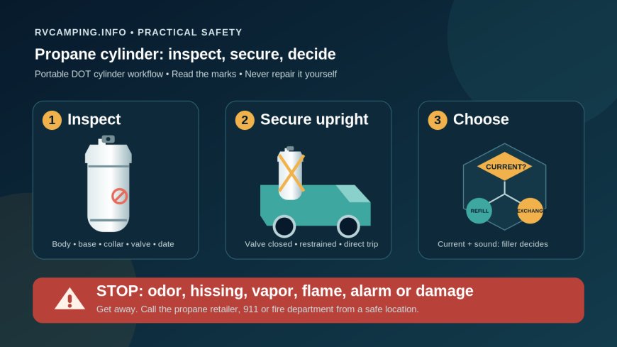 RV propane cylinders: inspect, transport, refill or stop