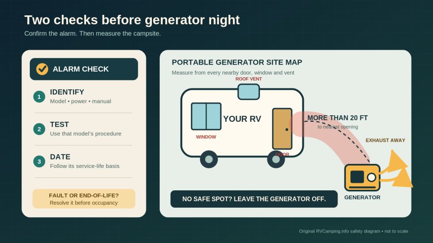 RV carbon monoxide alarm check: test, replace and place the generator safely