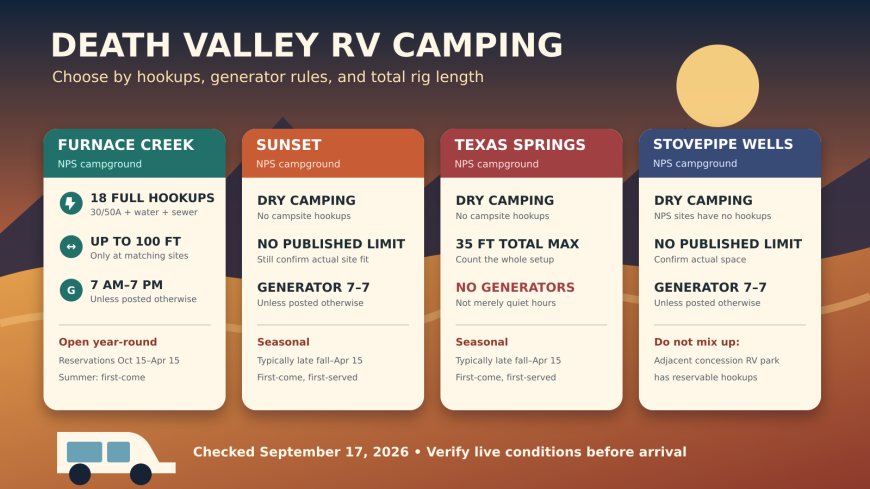 Death Valley RV campgrounds compared: Furnace Creek, Sunset, Texas Springs, or Stovepipe Wells?