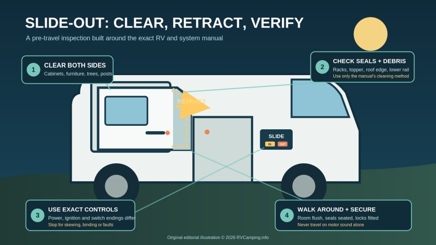 RV slide-out pre-travel check: inspect, retract, verify