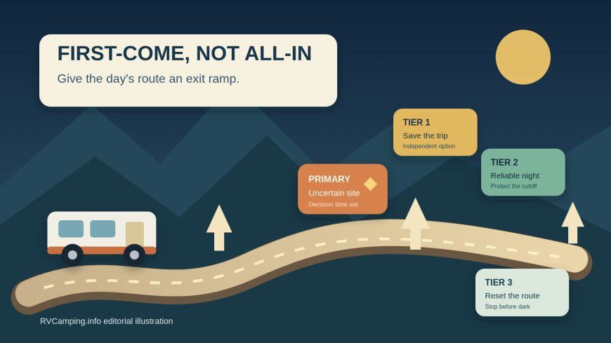First-come RV camping without gambling the day's route