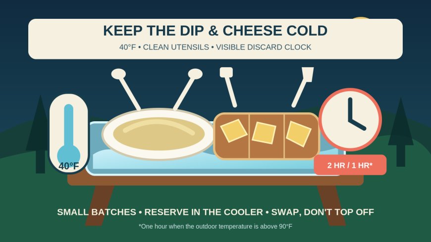 Campground dairy dip and cheese-board safety: keep it cold, track the clock