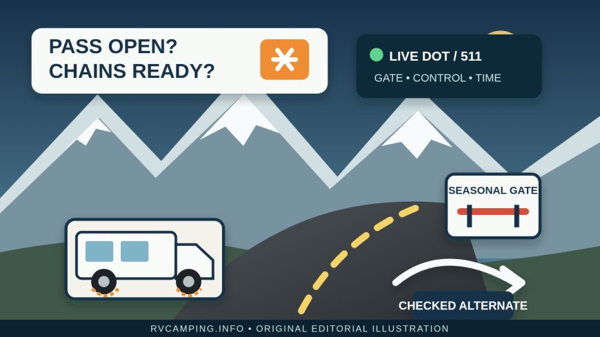 Plan an RV route around mountain-pass closures and chain rules