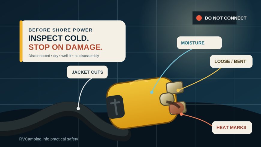Before you plug in: inspect the RV shore-power cord for heat damage