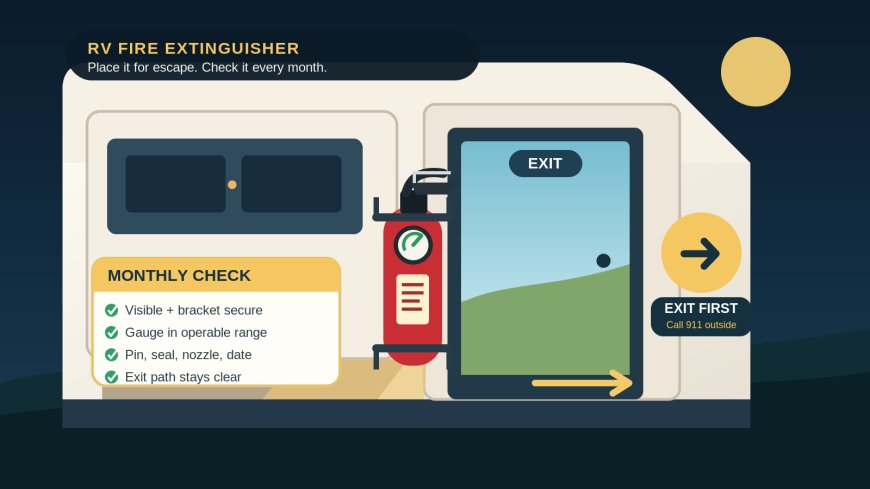 RV fire extinguisher check: place it by the escape path, not behind the fire