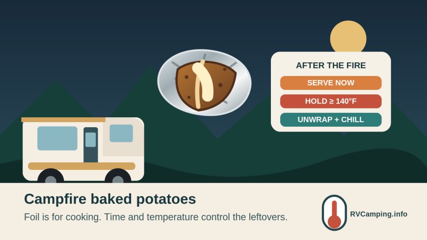 Campfire baked potatoes: the safe foil-to-leftovers plan
