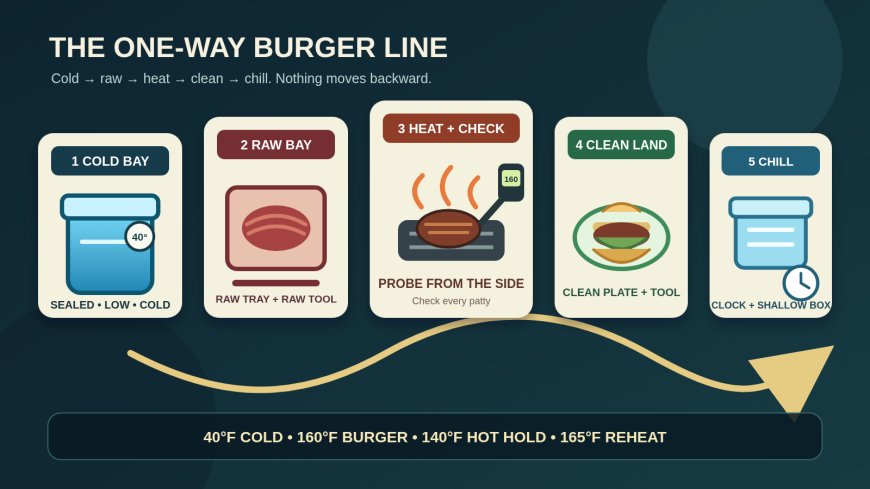 Campground burgers in a small RV kitchen: run a one-way safety line
