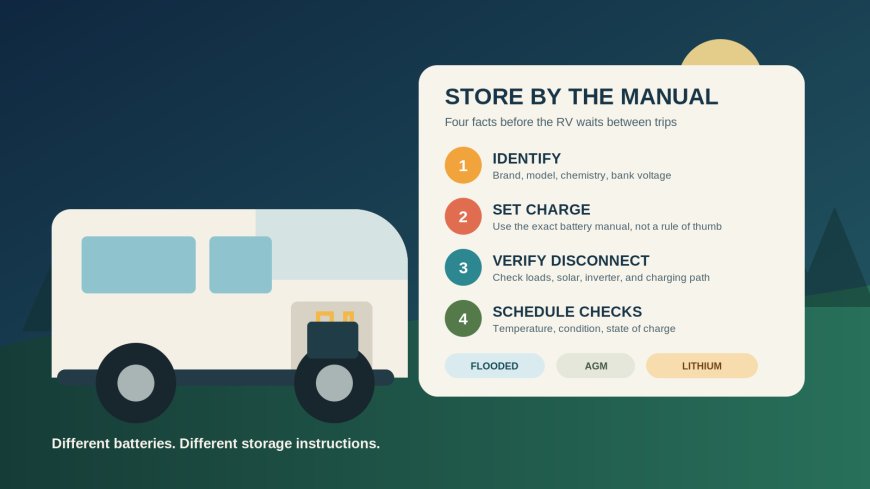 RV house-battery storage between trips: disconnect, charge, and check the manual