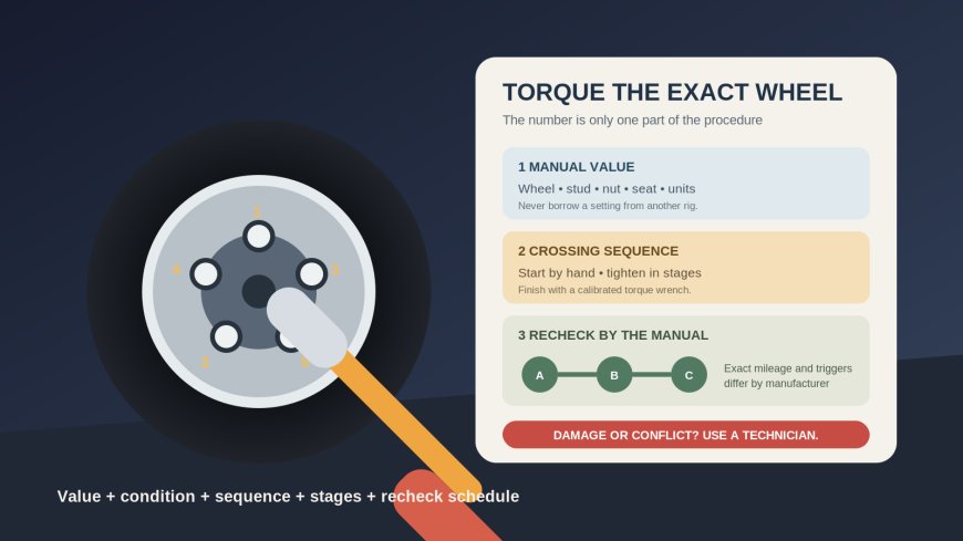 RV wheel-lug-nut torque checks: use the manual, sequence, and recheck limit