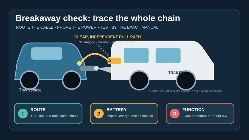 RV trailer breakaway switch check: cable routing, battery test, and replacement triggers