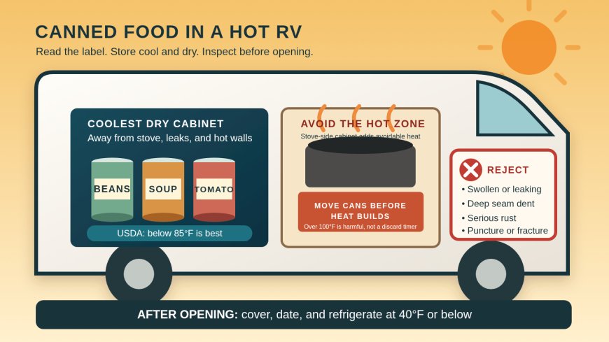 Canned food in a hot RV: when to move it, inspect it, or throw it out