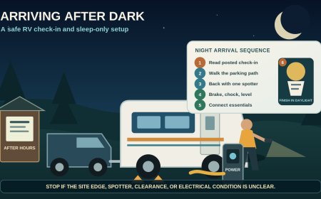 Arriving after dark at an RV campground: a safe check-in and setup sequence