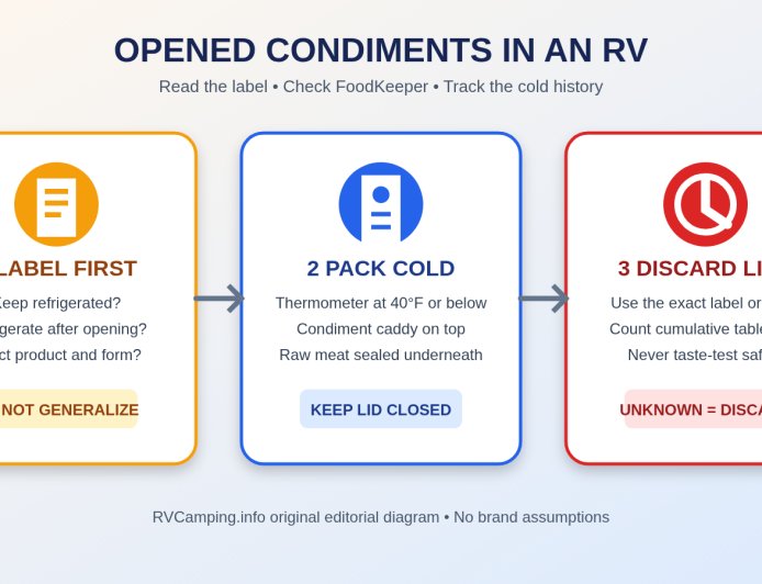 Which opened condiments need refrigeration in an RV?