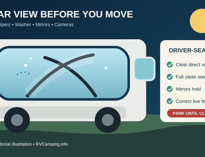 Before the RV moves: a visibility check for glass, wipers, mirrors and cameras