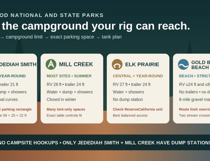 Jedediah Smith vs. Mill Creek vs. Elk Prairie vs. Gold Bluffs Beach: the RV-fit comparison
