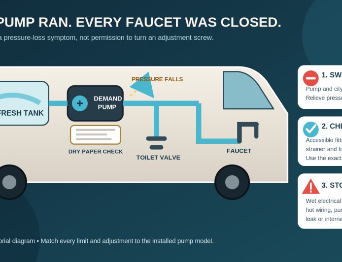 Your RV water pump runs with every faucet closed. What now?