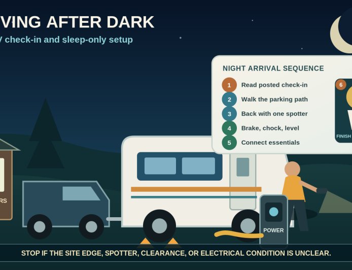 Arriving after dark at an RV campground: a safe check-in and setup sequence