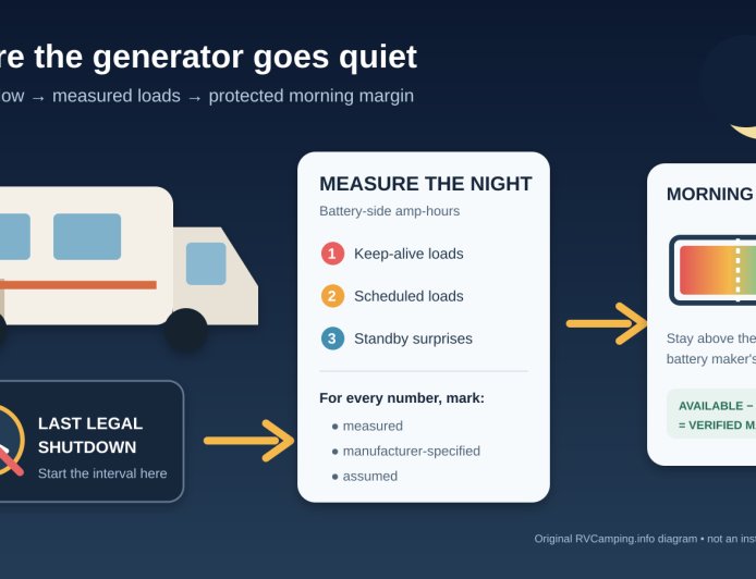 Generator quiet hours are not an energy plan: budget RV battery use before a no-generator night